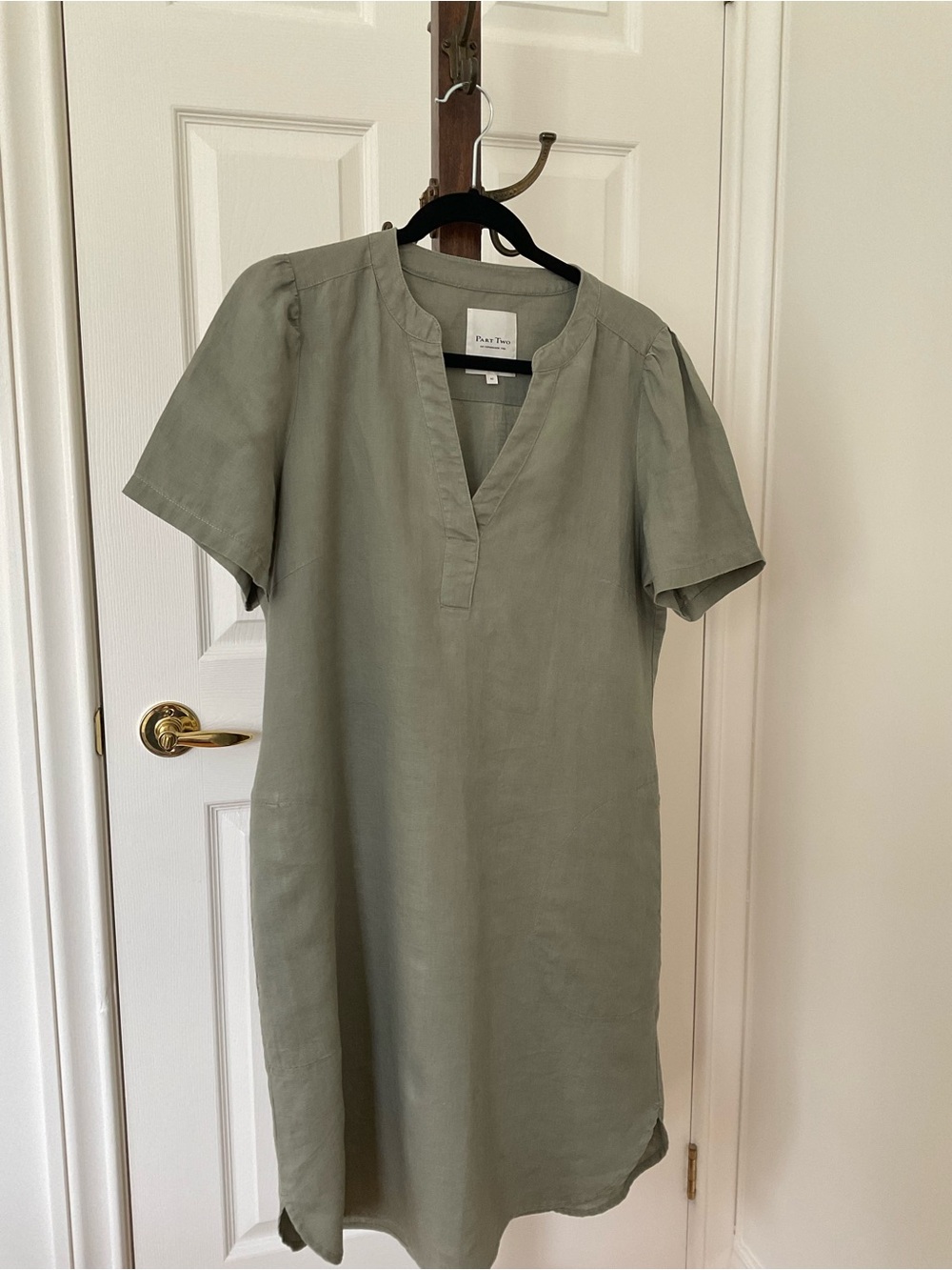 Part Two Olive Green V-Neck Linen Short Sleeve Mini Dress